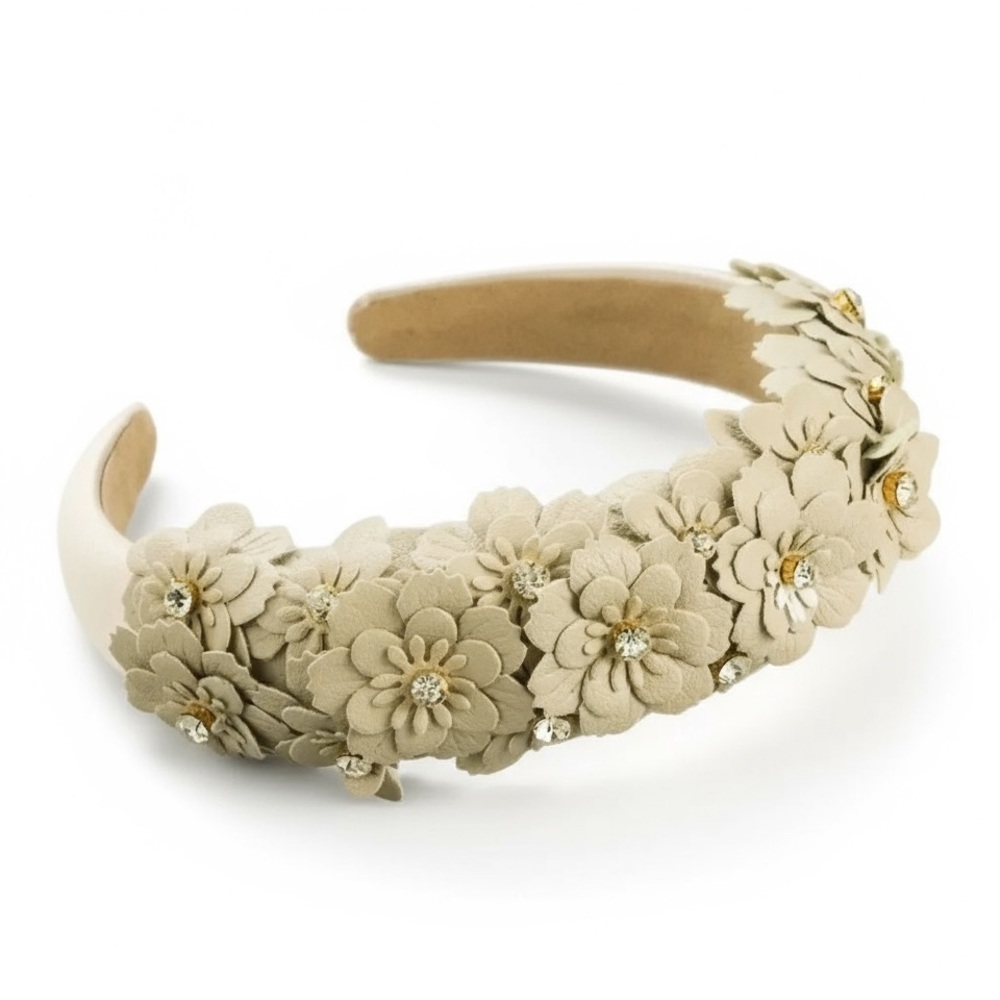 ARIANNA - Vegan Leather Padded/Embellished Rhinestones Flowers Headband - CREAM